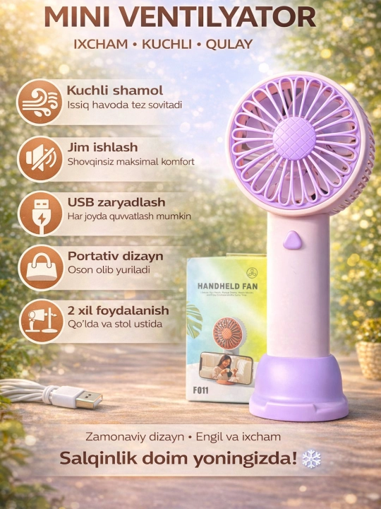 Qo‘l mini ventilyatori USB portativ stol usti uchun ixcham va jim ishlaydi yoz uchun ideal