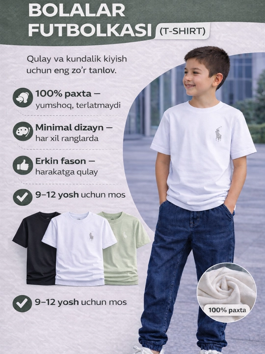 O‘g‘il bolalar futbolkasi 9-12 yosh paxta  trend qulay sport