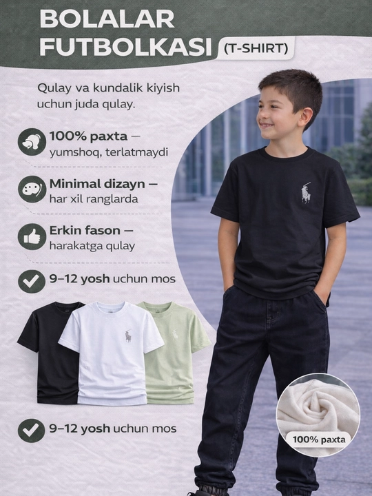 O‘g‘il bolalar futbolkasi 9-12 yosh paxta  trend qulay sport