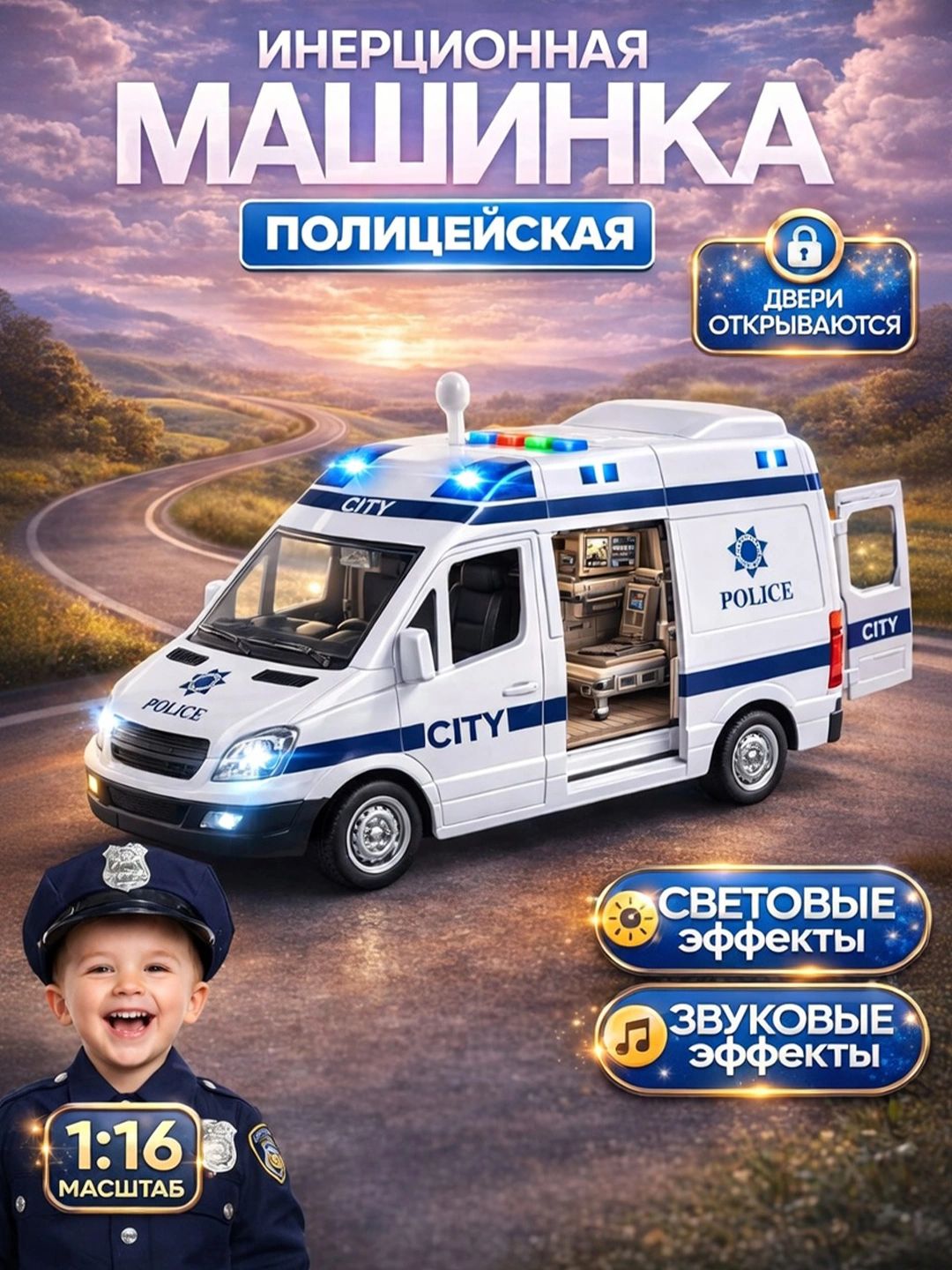 Набор игрушечных служебных машинок для детей 1:16, со световыми и звуковыми эффектами - 