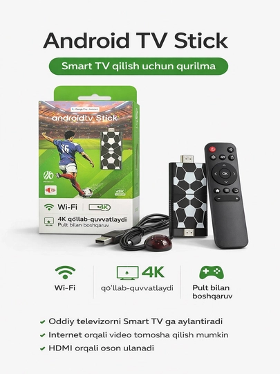 Android TV Stick 4K с Wi-Fi медиаустройством