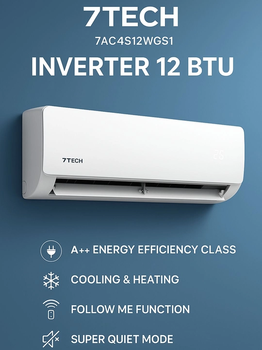 7TECH 12 inverter konditsioner, 35m² gacha, sovutish va isitish, jim, pultli