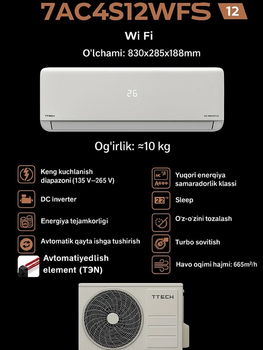 7TECH 12 inverter konditsioner, 35m² gacha, sovutish va isitish, jim, pultli