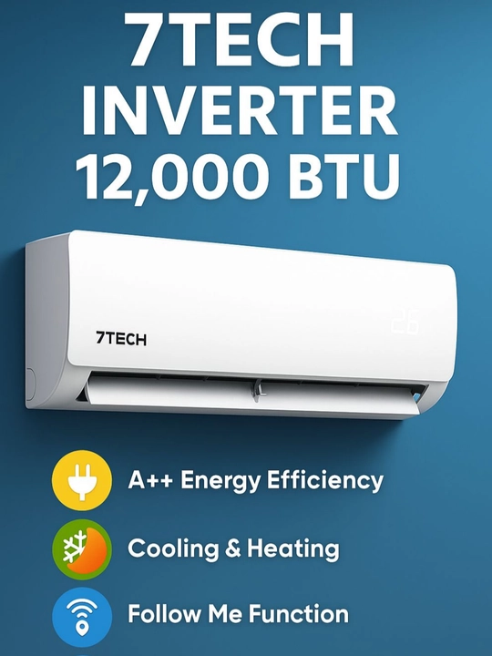 7TECH 12 inverter konditsioner, 35m² gacha, sovutish va isitish, jim, pultli