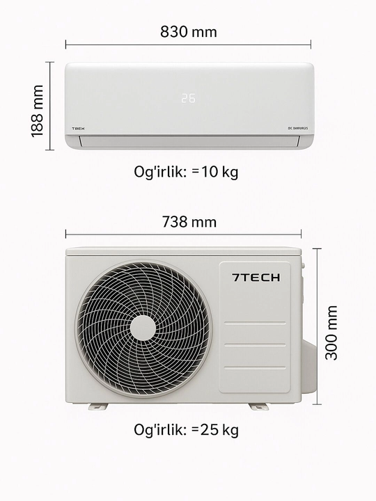 7TECH 12 inverter konditsioner, 35m² gacha, sovutish va isitish, jim, pultli