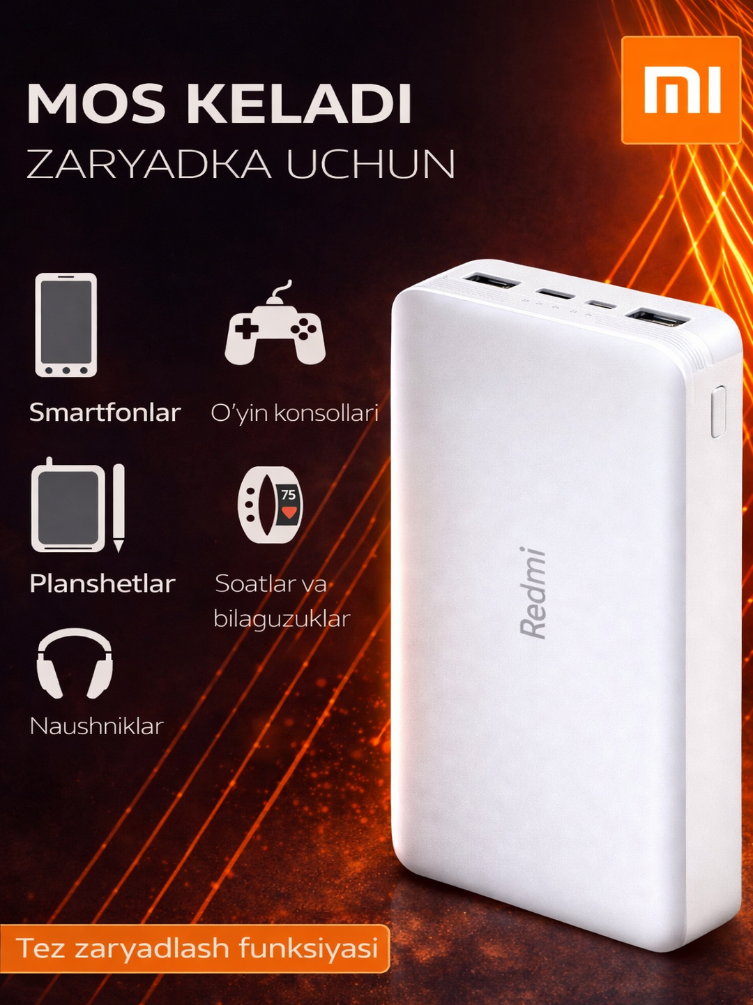 Redmi Power Bank 20000 mA/soat 18 Vt tez quvvatlash