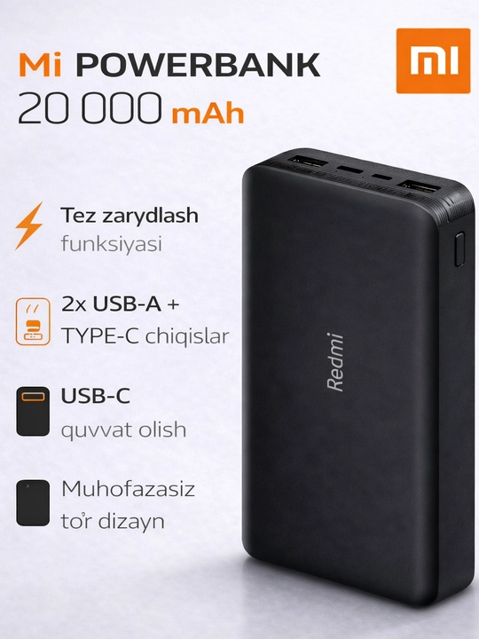 Redmi Power Bank 20000 mA/soat 18 Vt tez quvvatlash