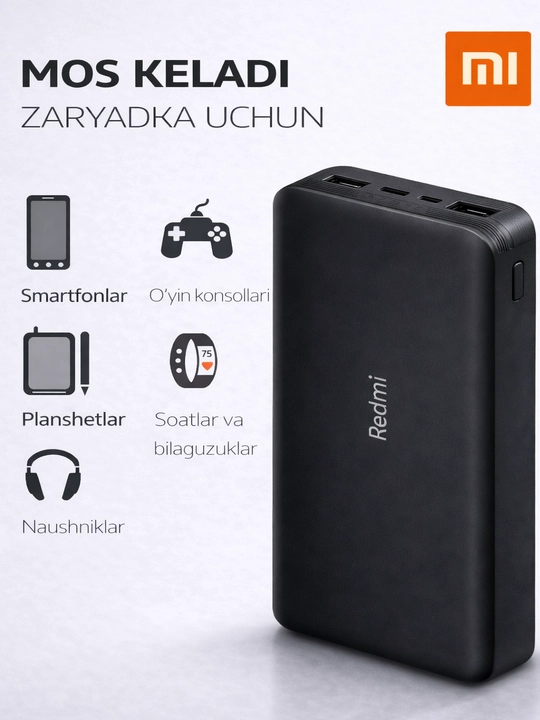 Redmi Power Bank 20000 mA/soat 18 Vt tez quvvatlash