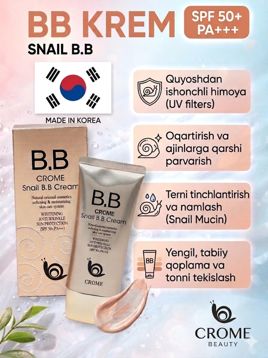 Ko‘p funksiyali oqartiruvchi BB-kremi CROME SNAIL BB Cream SPF50+