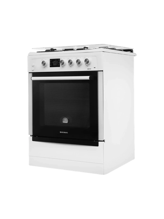 Gaz plita Shivaki 6403 E KP oq rang, 4 konforka, elektr pech, zamonaviy dizayn