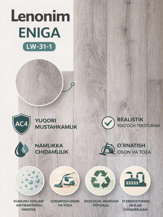Lenonim ENIGA LW-31-1 laminat 1.5 m pol qoplamasi, AC4 sinf, namlikka chidamli - 