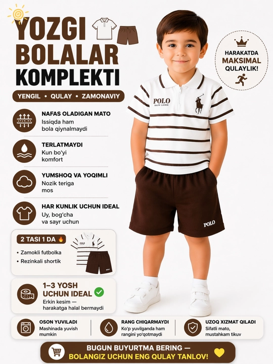 Bolalar uchun yozgi to‘plam, yumshoq va qulay, har kuni kiyish uchun ideal futbolka shortiklar