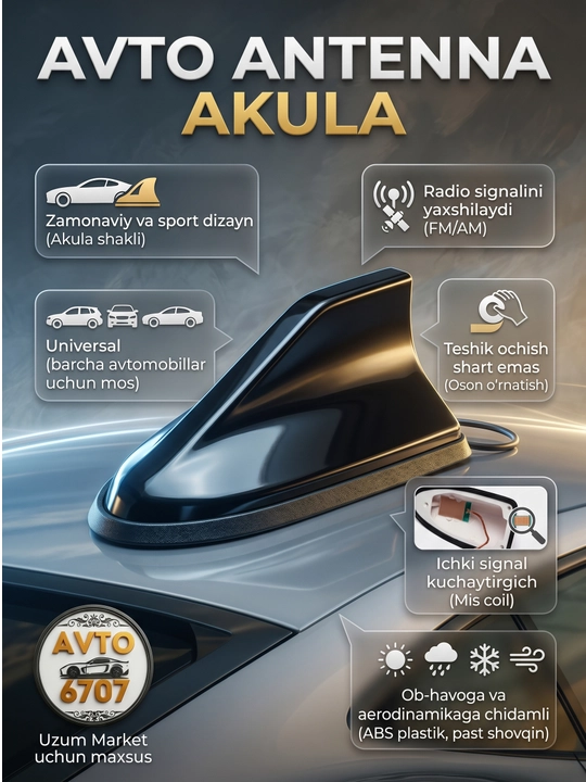 Akula antenna avtomobil tomi uchun, radio signal kuchaytirgichli universal plavnik