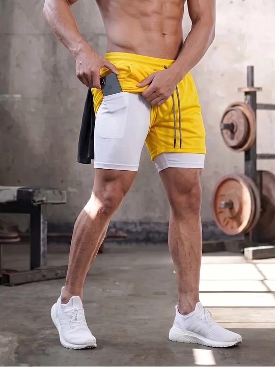 Erkaklar sport shortigi 2 tasi 1 da: tayts va telefon uchun cho'ntakli, sport va fitnes