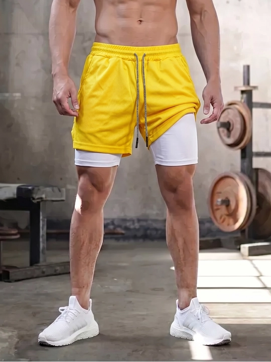 Erkaklar sport shortigi 2 tasi 1 da: tayts va telefon uchun cho'ntakli, sport va fitnes