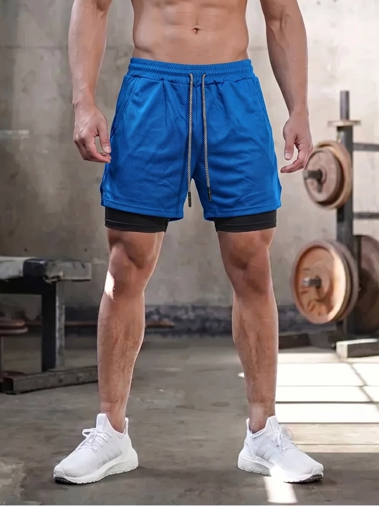 Erkaklar sport shortigi 2 tasi 1 da: tayts va telefon uchun cho'ntakli, sport va fitnes