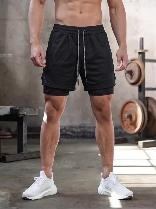 Erkaklar sport shortigi 2 tasi 1 da: tayts va telefon uchun cho'ntakli, sport va fitnes