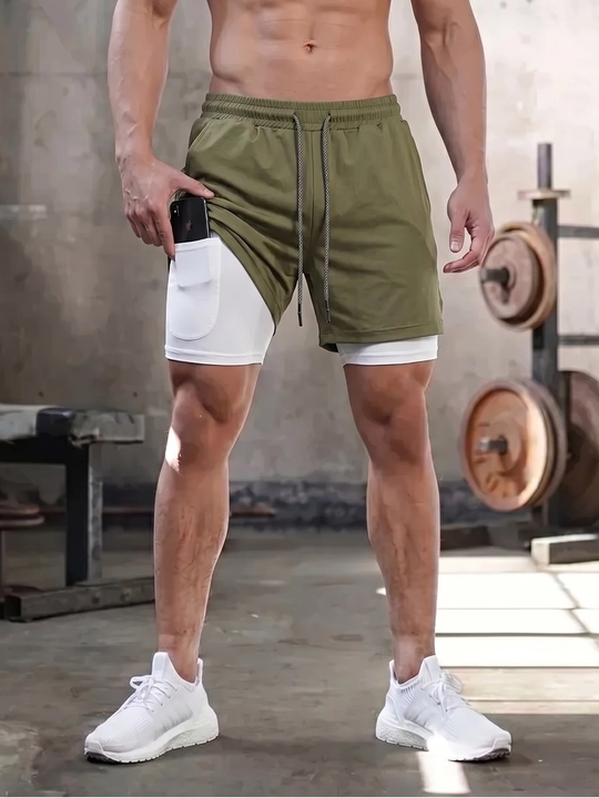 Erkaklar sport shortigi 2 tasi 1 da: tayts va telefon uchun cho'ntakli, sport va fitnes