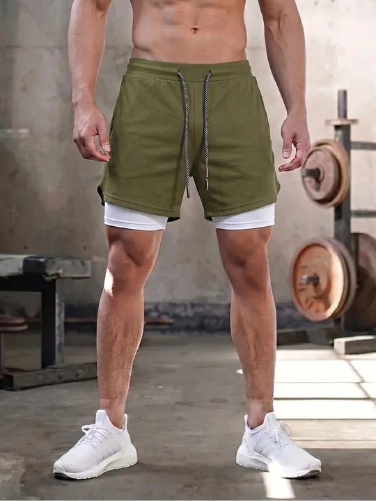 Erkaklar sport shortigi 2 tasi 1 da: tayts va telefon uchun cho'ntakli, sport va fitnes