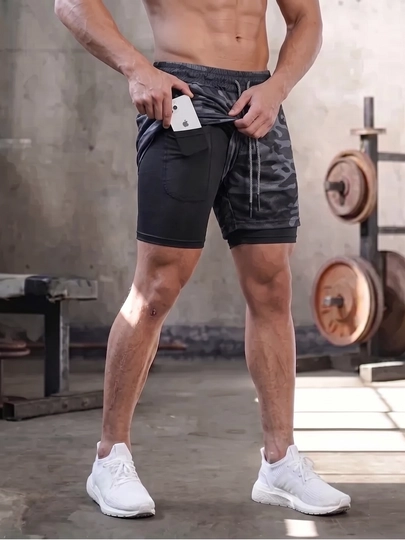 Erkaklar sport shortigi 2 tasi 1 da: tayts va telefon uchun cho'ntakli, sport va fitnes