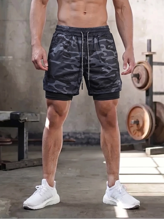 Erkaklar sport shortigi 2 tasi 1 da: tayts va telefon uchun cho'ntakli, sport va fitnes