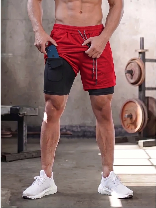 Erkaklar sport shortigi 2 tasi 1 da: tayts va telefon uchun cho'ntakli, sport va fitnes