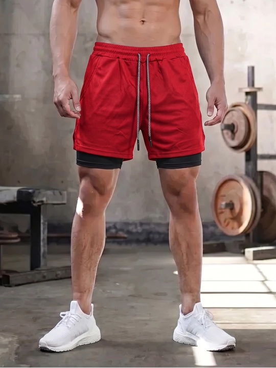 Erkaklar sport shortigi 2 tasi 1 da: tayts va telefon uchun cho'ntakli, sport va fitnes