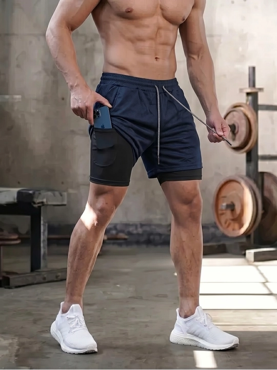 Erkaklar sport shortigi 2 tasi 1 da: tayts va telefon uchun cho'ntakli, sport va fitnes