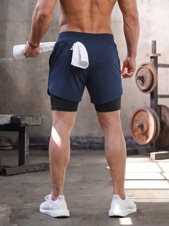 Erkaklar sport shortigi 2 tasi 1 da: tayts va telefon uchun cho'ntakli, sport va fitnes