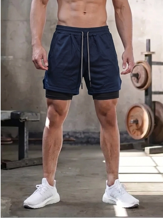 Erkaklar sport shortigi 2 tasi 1 da: tayts va telefon uchun cho'ntakli, sport va fitnes