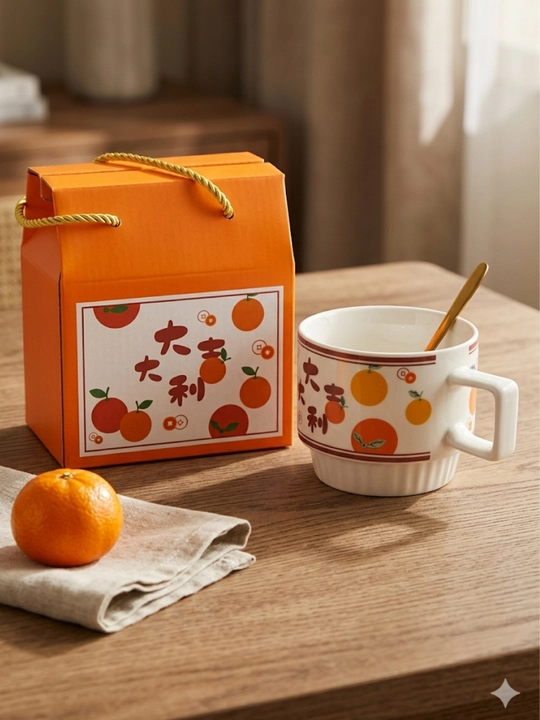 Keramik krujka "Orange", qoshiq va sovg'a bop quti bilan - 