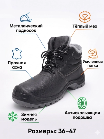 Утеплённая спецобувь S3 с мехом, металлическим подноском и антипрокольной стелькой