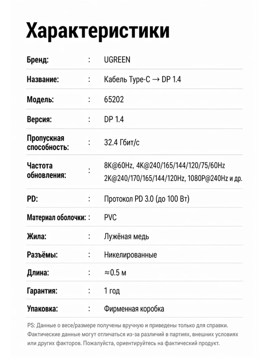 UGREEN Type C to DisplayPort PD100W Kabel 0.5m 8К60Hz CM839 65202
