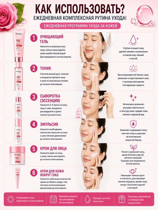 BIOAQUA 98% yuz parvarish to‘plami 6 bosqichli toner serum krem set