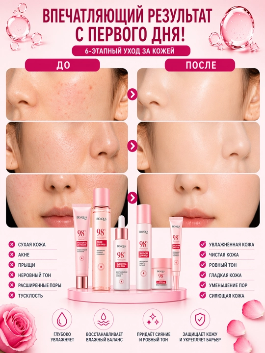 BIOAQUA 98% yuz parvarish to‘plami 6 bosqichli toner serum krem set