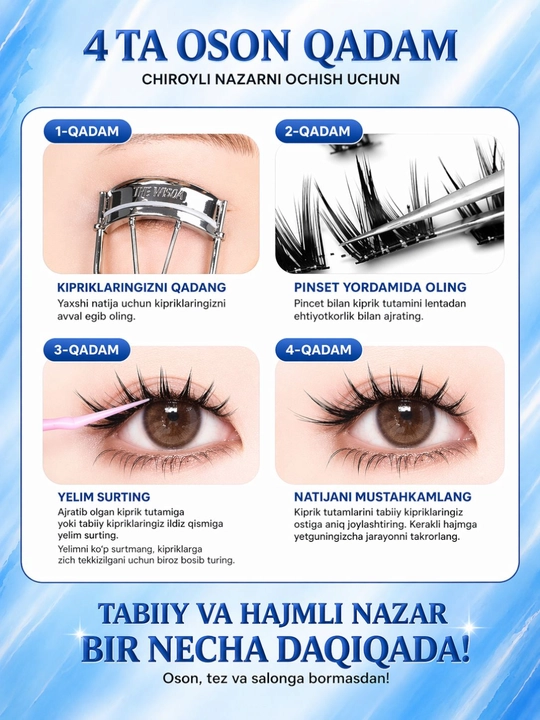 3D effektli ulama kirpiklar, 3 tasi 1 da toʻplam, individual kirpik kengaytmalari