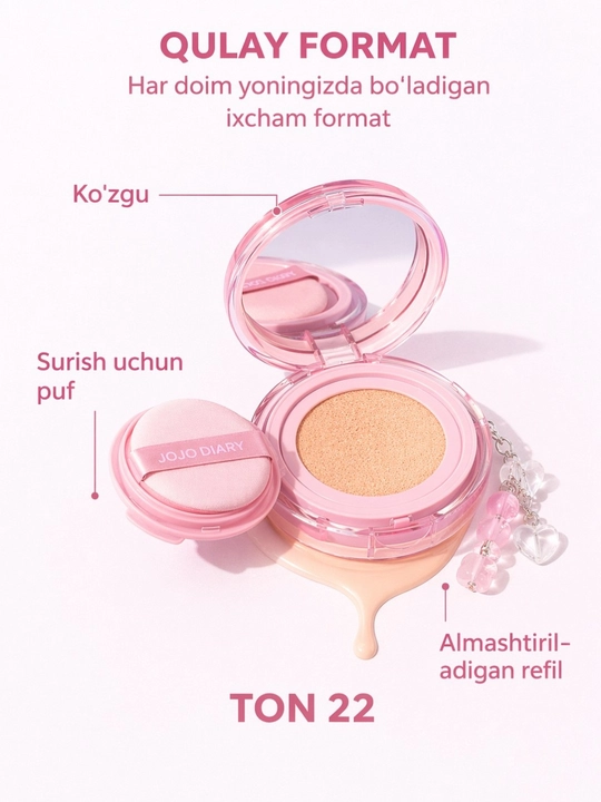 Kushon, tonal krem JOJO DIARY, yuzni tekislovchi, namlovchi
