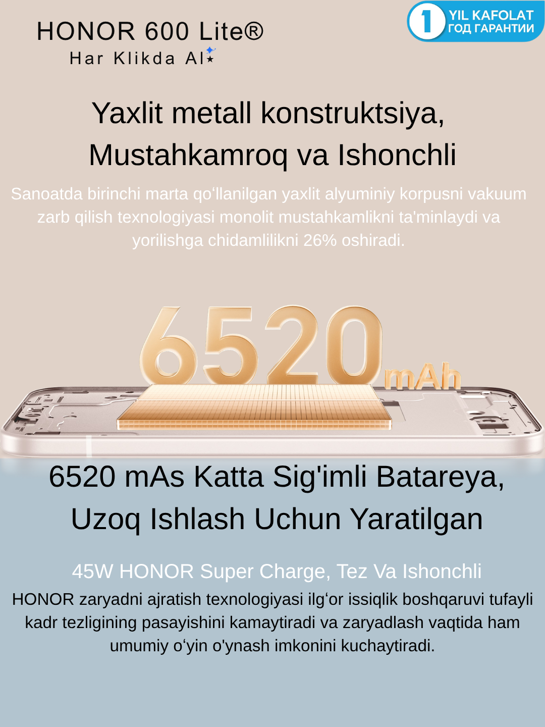 Honor 600 Lite Yaxlit metall konstruktsiya 7.34mm, 180g,Oson, Ravon Va Tez