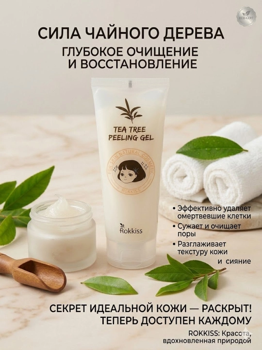 Rokkiss Tea Tree peeling gel, yuzni tozalash va terini yangilash uchun - 