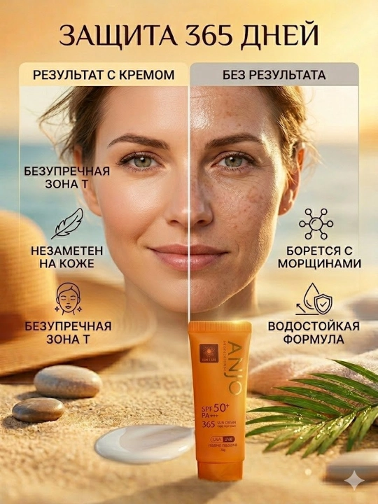 Quyoshdan himoyalovchi krem ANJO SPF 50+ PA+++, 365 kunlik parvarish va namlik, 70 gr