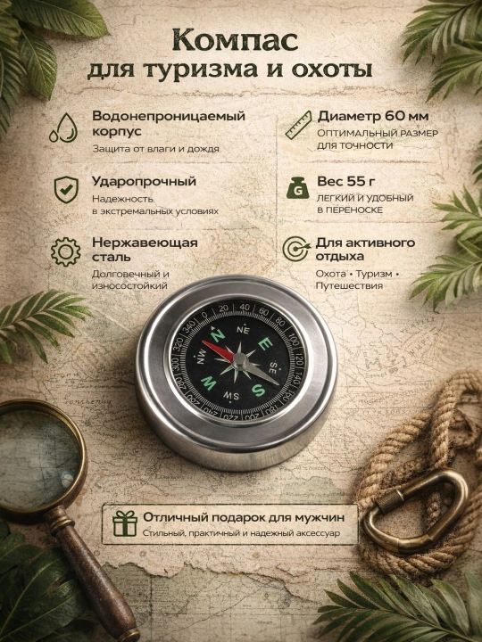 Turistik kompas 60 mm – waterproof, metall korpus, 55 gr yengil, sovg‘a uchun ideal