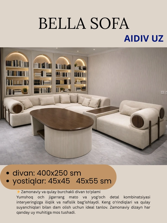 Большой угловой диван Bella Sofa от AIDIV UZ, 400x250 см, с подушками - 