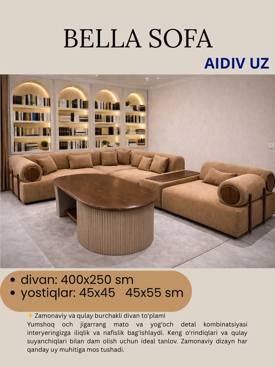 Большой угловой диван Bella Sofa от AIDIV UZ, 400x250 см, с подушками - 