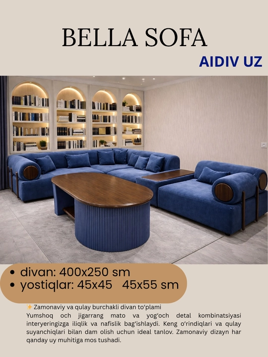 Большой угловой диван Bella Sofa от AIDIV UZ, 400x250 см, с подушками - 
