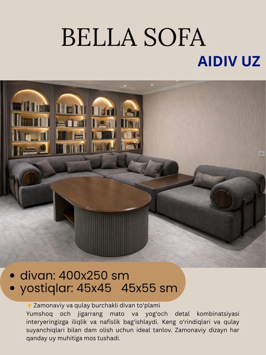 Большой угловой диван Bella Sofa от AIDIV UZ, 400x250 см, с подушками - 