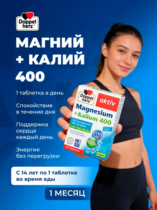 Doppelgerz Aktiv Magniy + Kaliy, 400 tabletkalar №30