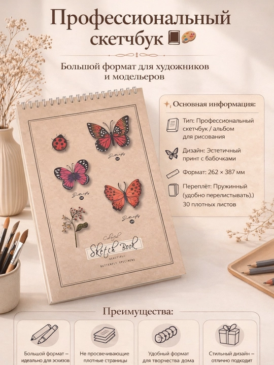 Professional kapalakli eskiz daftari, katta format 262×387 mm, qalin varaqlar, 30 sahifa - 