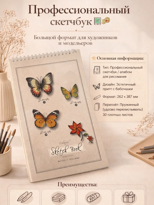 Professional kapalakli eskiz daftari, katta format 262×387 mm, qalin varaqlar, 30 sahifa - 