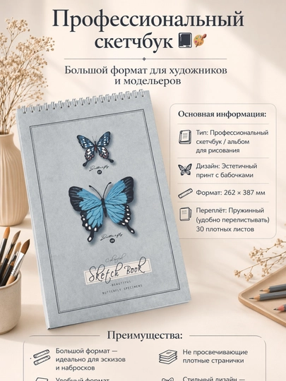 Professional kapalakli eskiz daftari, katta format 262×387 mm, qalin varaqlar, 30 sahifa - 
