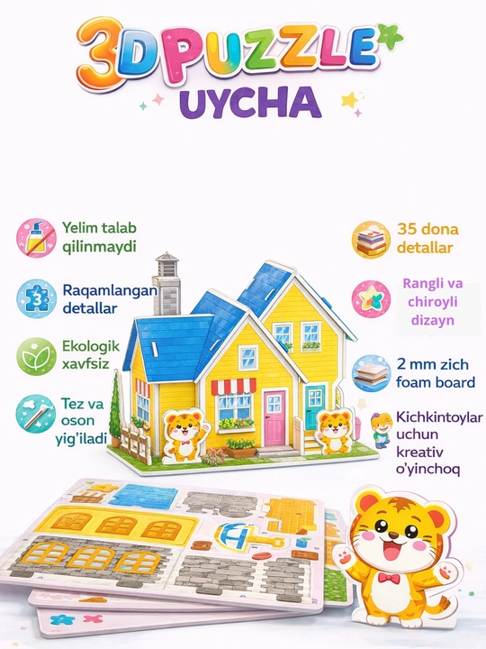 O'yinchoqlar 3D Puzzle uycha–bolalar uchun, konstruktordan yig‘iladigan karton maket - 